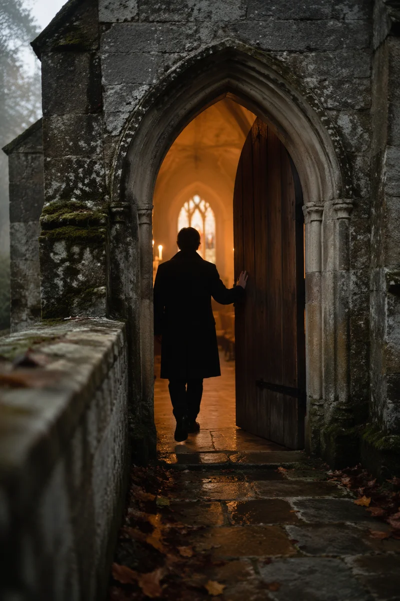 Old Arched Church Door at Dawn