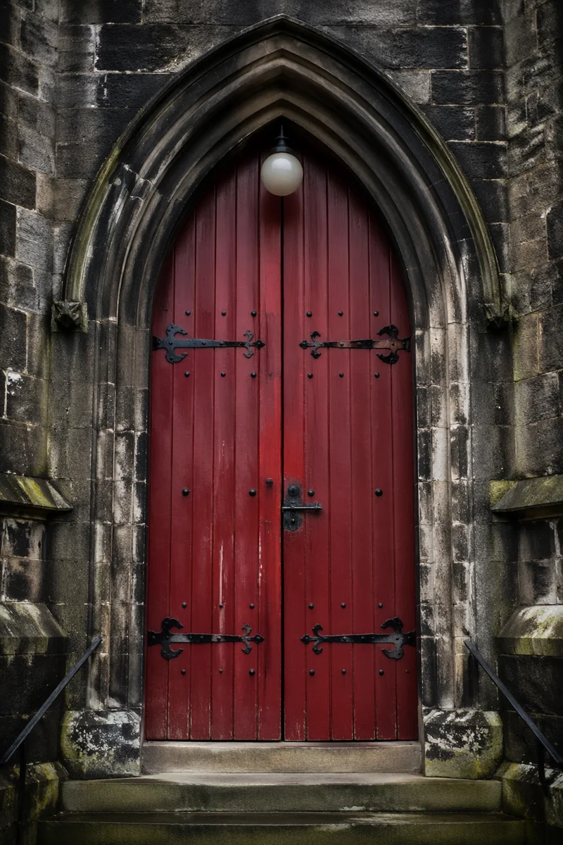 Crimson Arched Door of Historic Stone Chapel