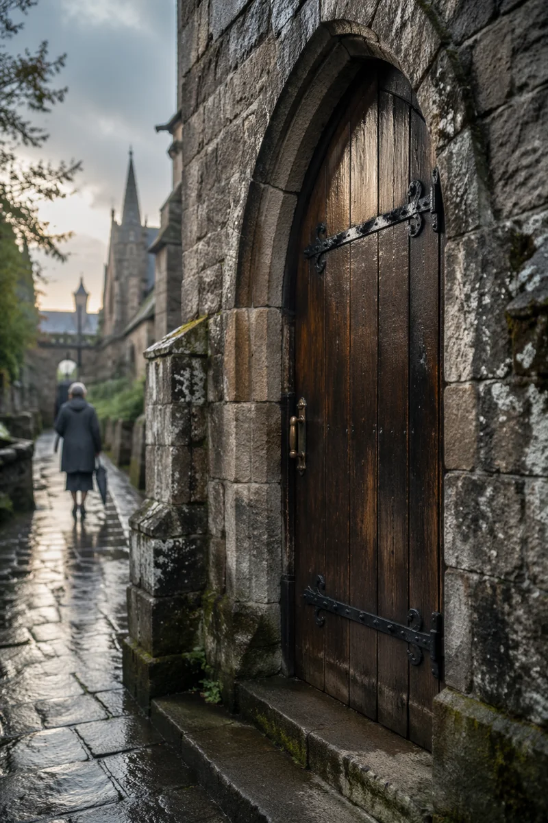 Old Arched Church Door After Rain