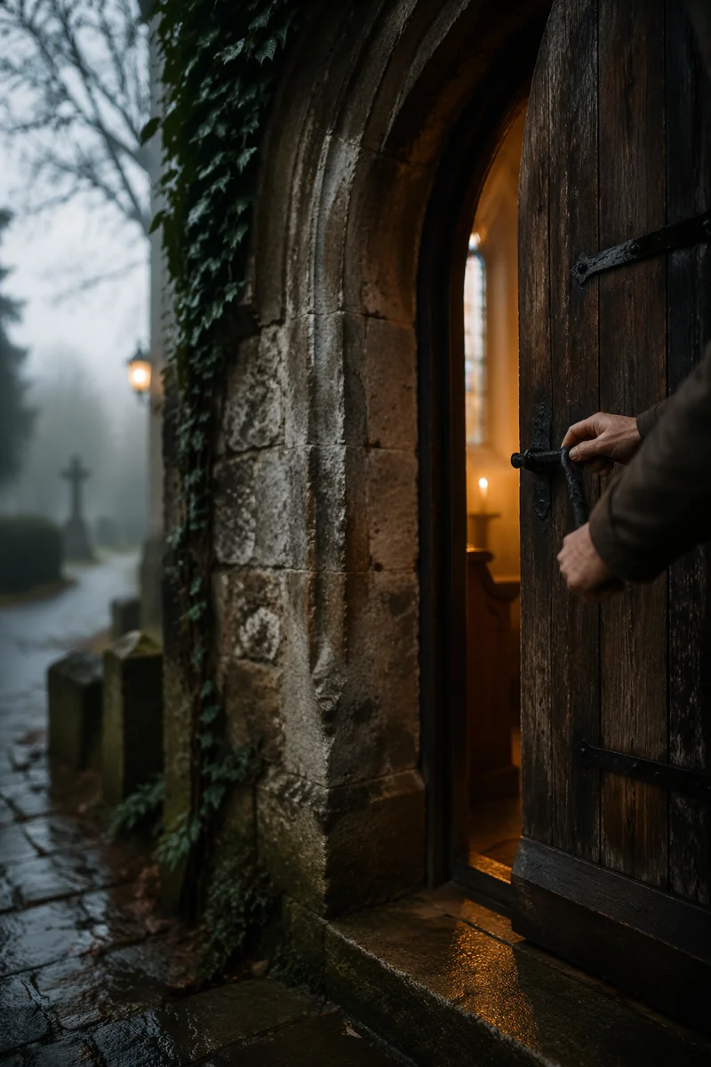 Old Arched Chapel Door in Morning Fog