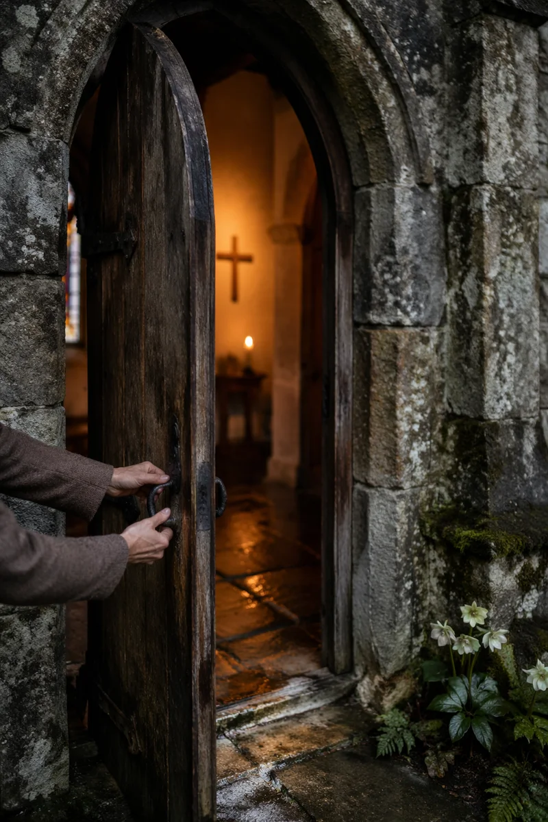Old Arched Church Door at Worship Arrival