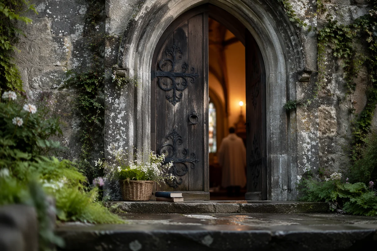 Old Arched Church Door in Morning Light