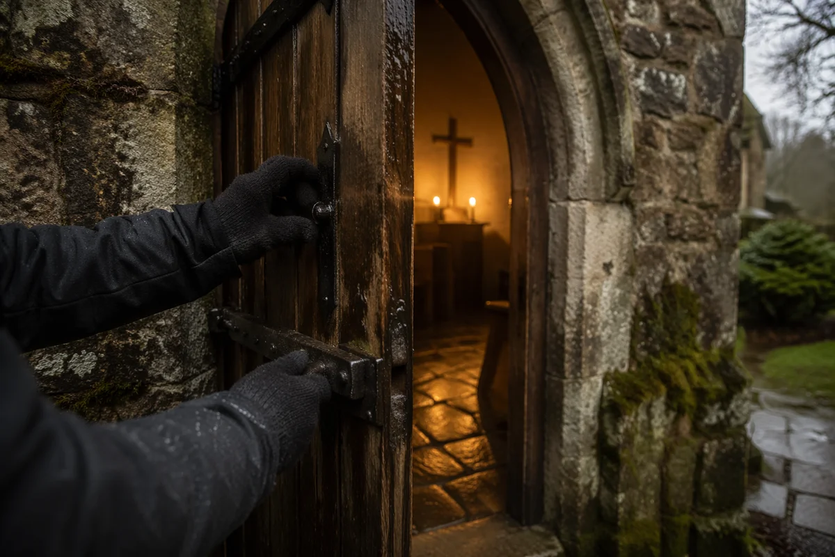 Old Arched Church Door at Dawn