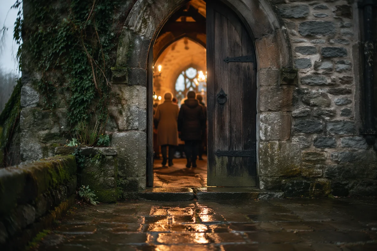 Old Arched Church Door in Candlelight