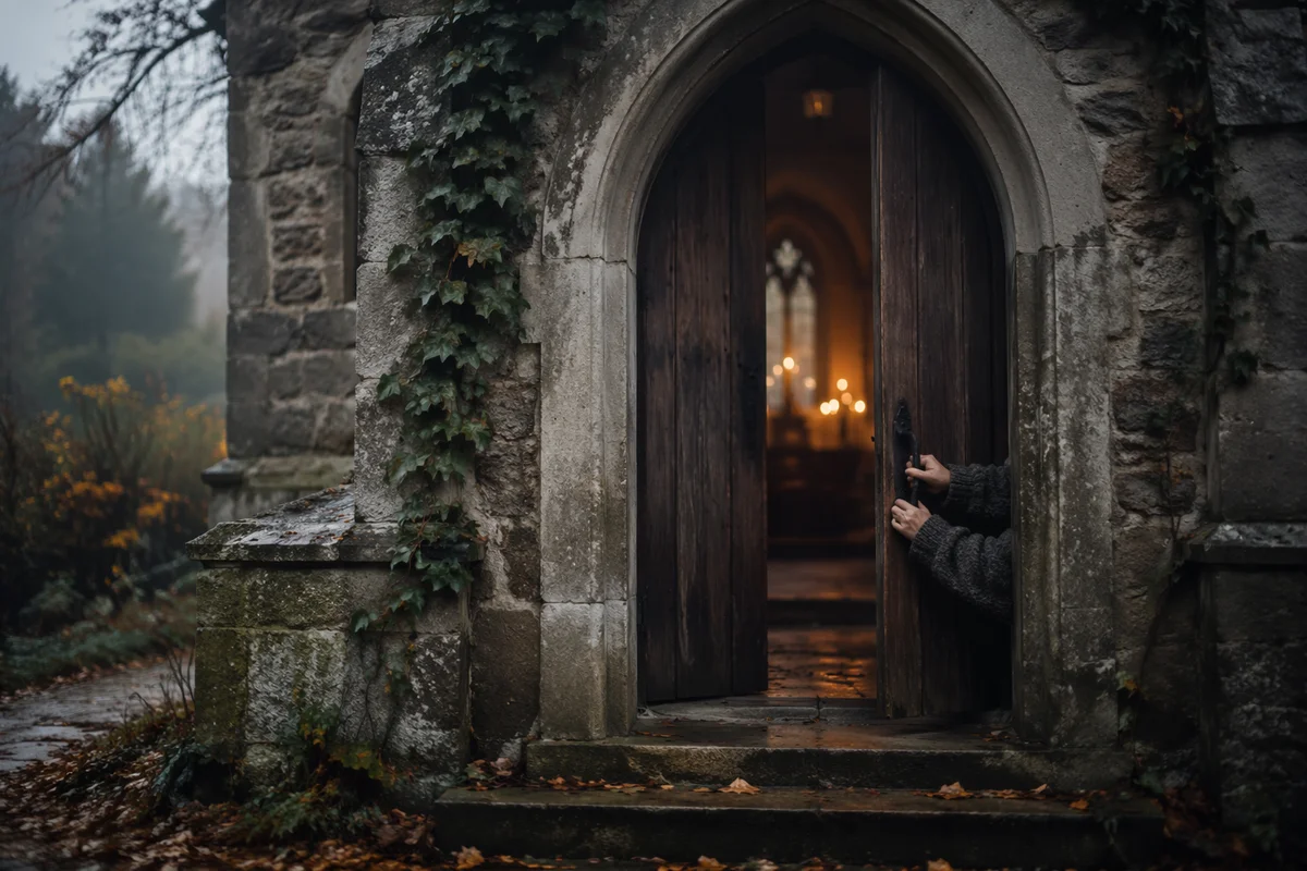 Misty Autumn Stone Church Doorway
