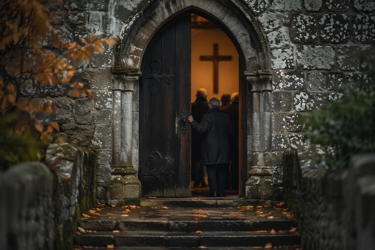 Rainy Morning at an Arched Church Door
