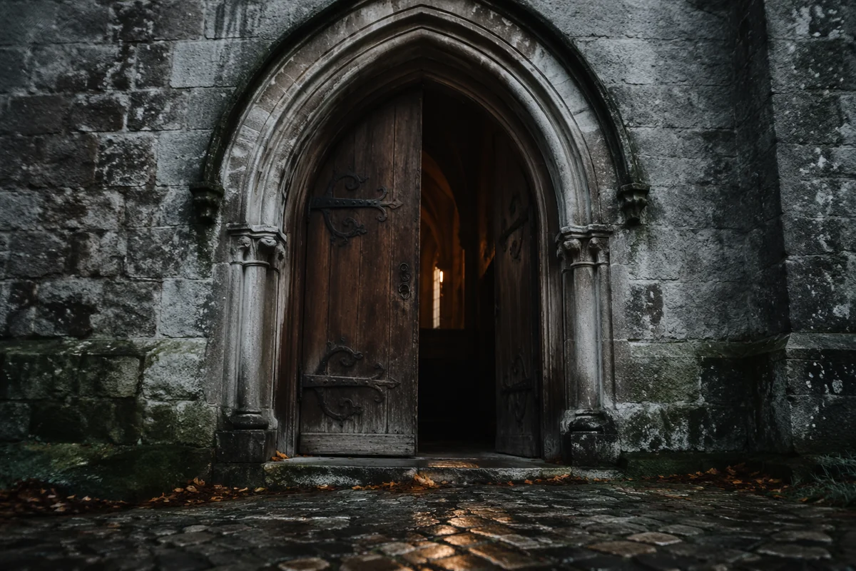 Old Arched Church Door After Rain