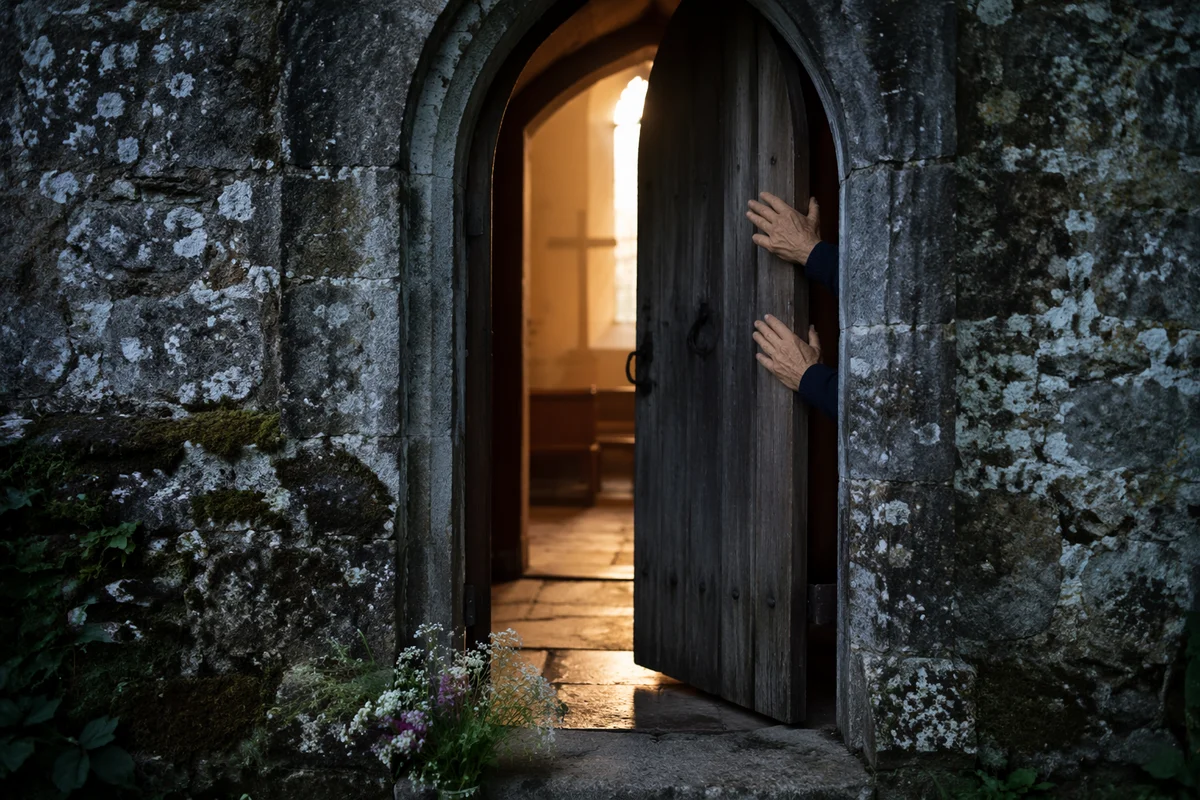 Old Arched Church Door Opening at Dawn