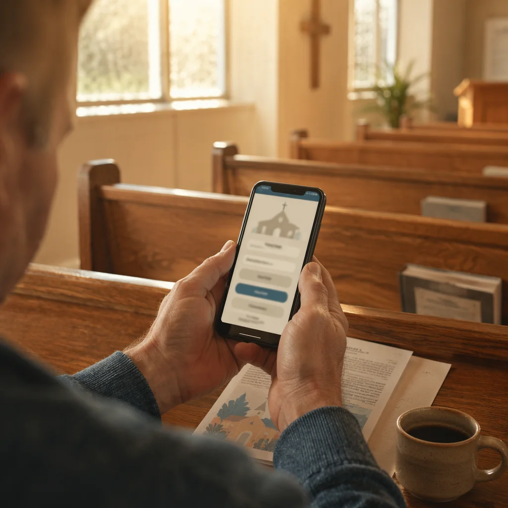 Church App Giving on Wooden Pew