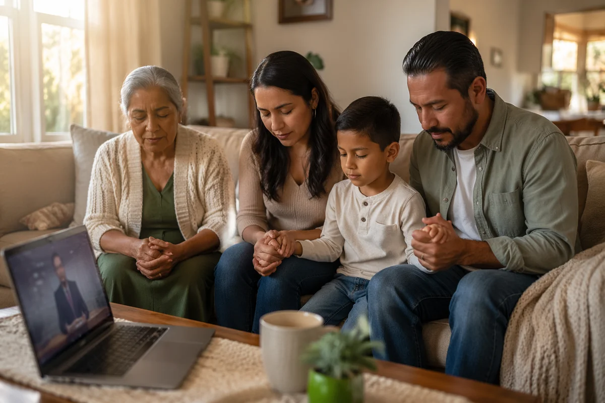 Family Gathered Around Laptop in Living Room