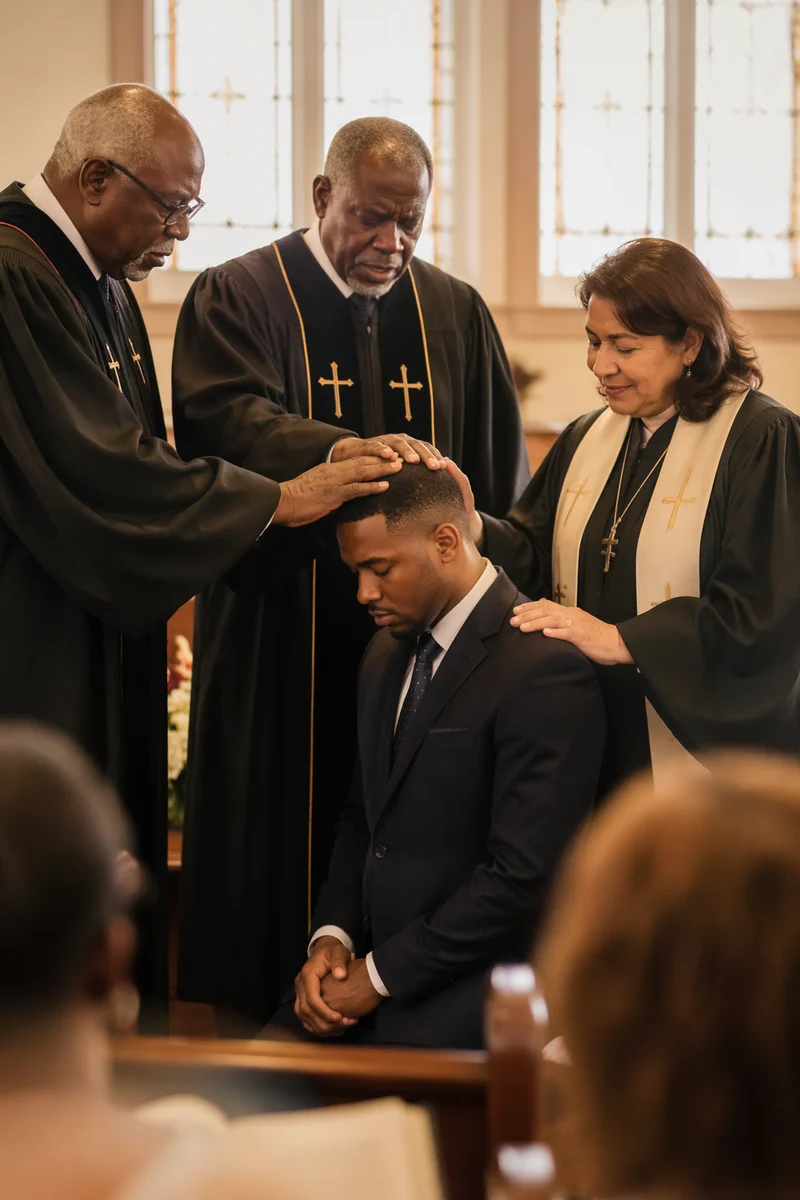 Pastors Praying During Ordination Ceremony