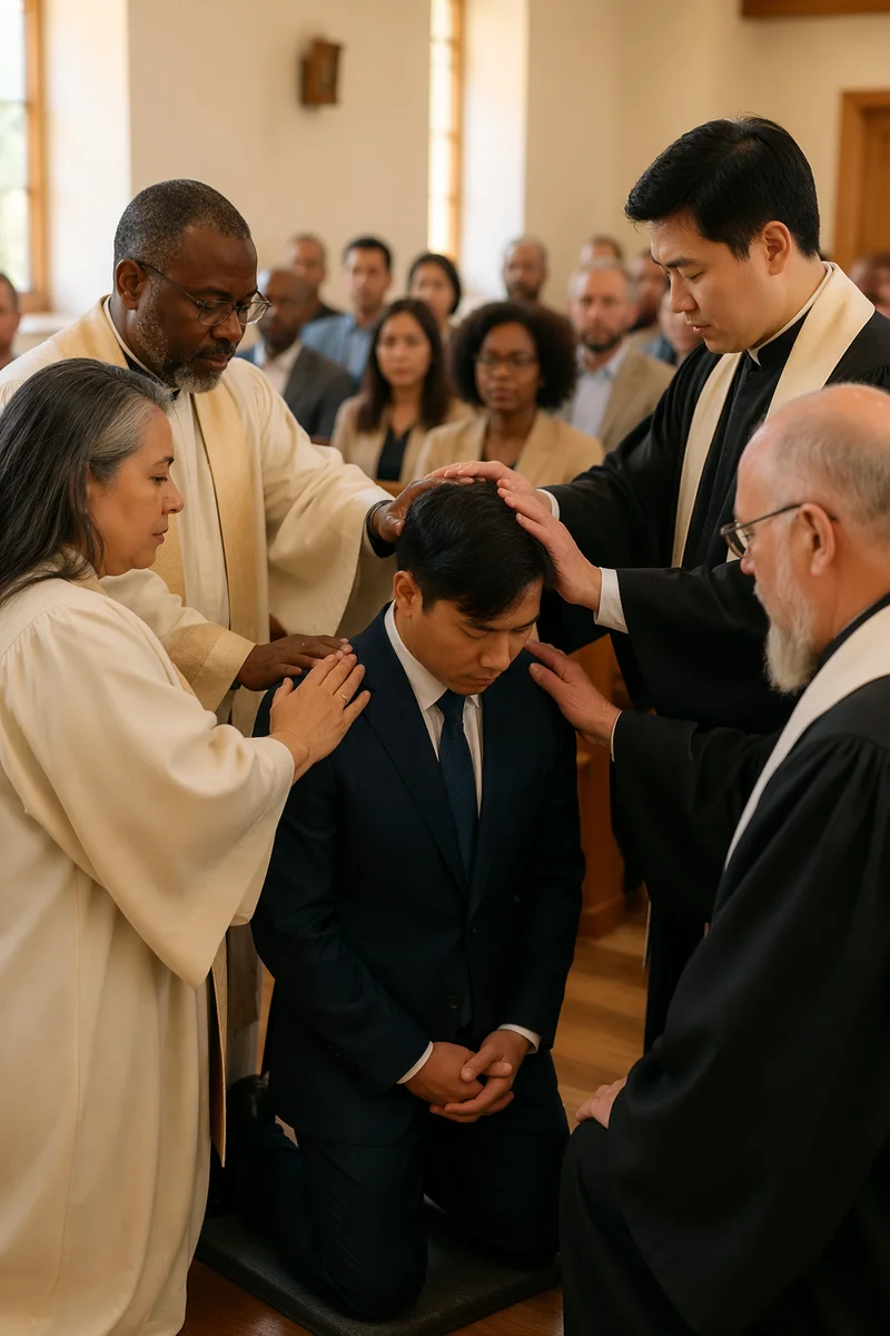 Pastors Praying Over Kneeling Candidate