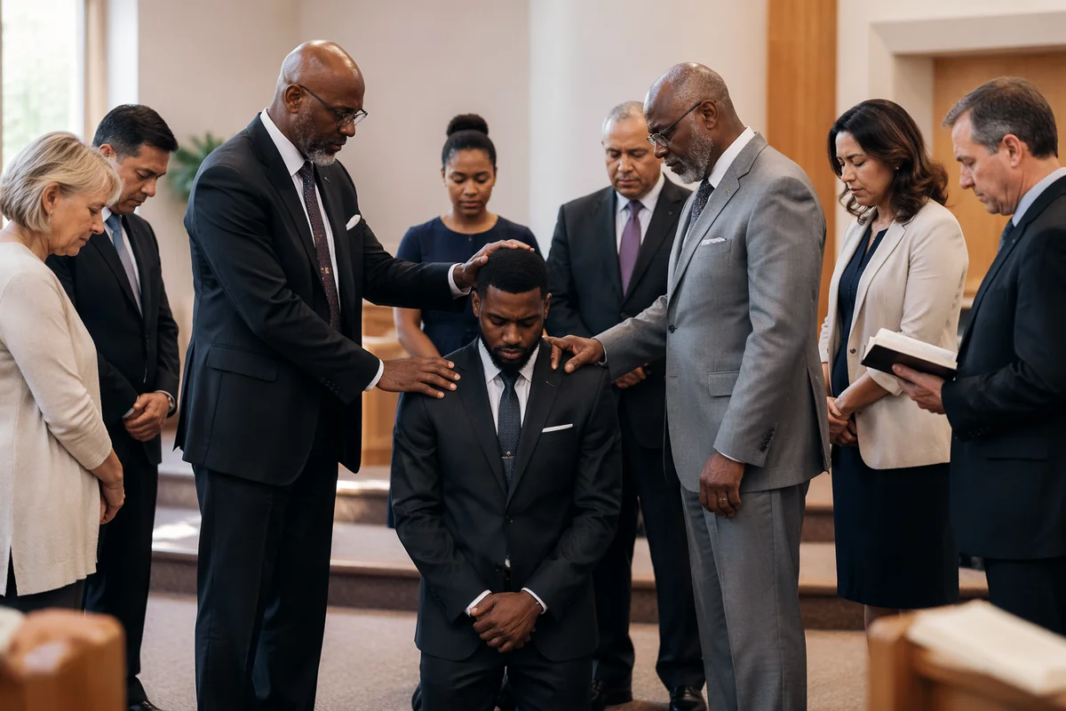 Pastors Praying Over Man in Sanctuary