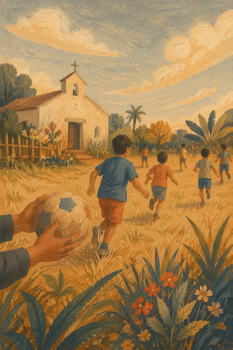 Children Playing Soccer Near Rural Chapel