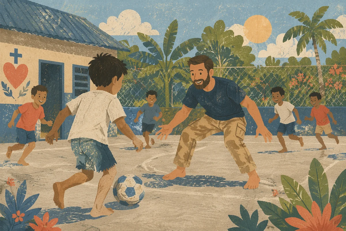 Mission Volunteer Playing Soccer With Orphanage Children