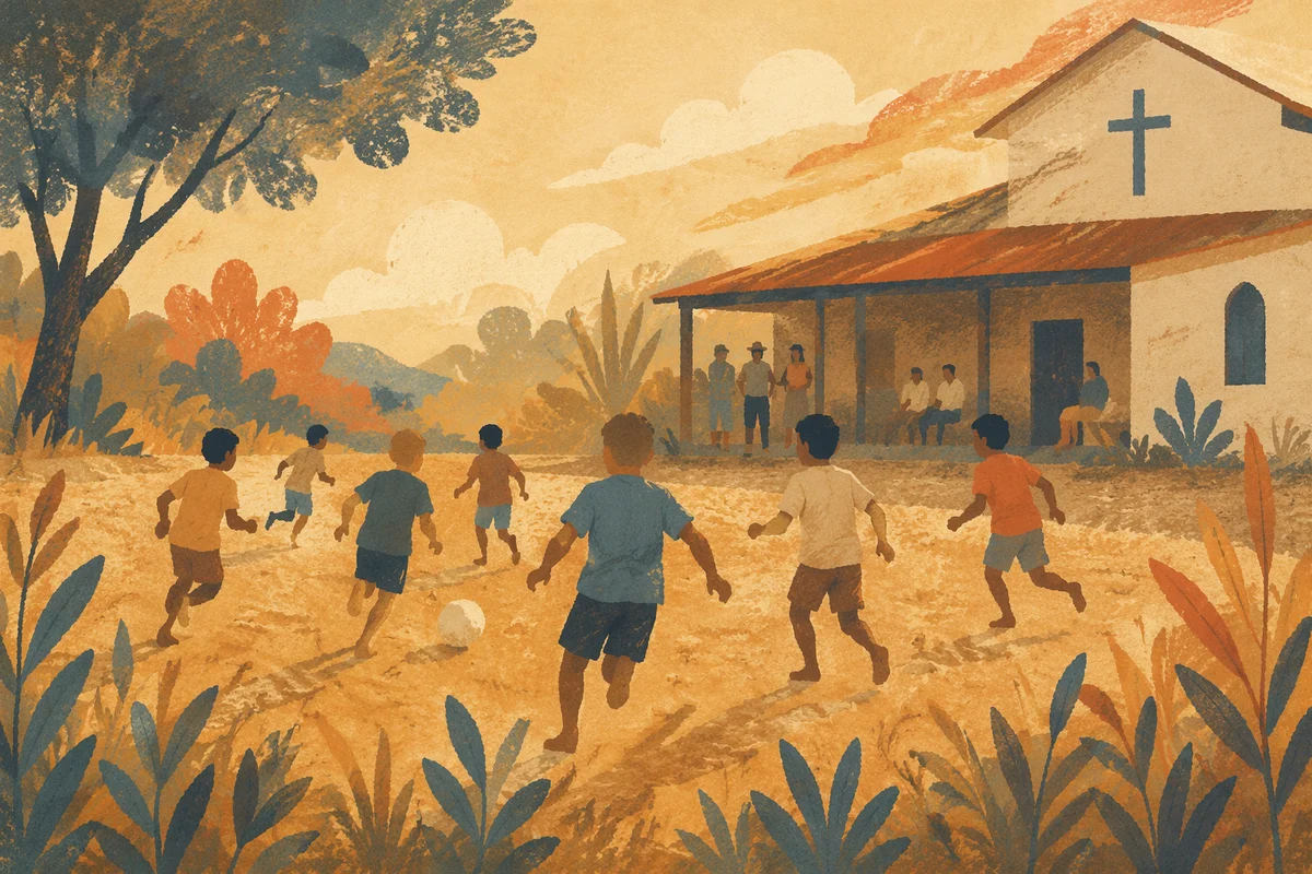 Children Playing Soccer Near Mission Chapel