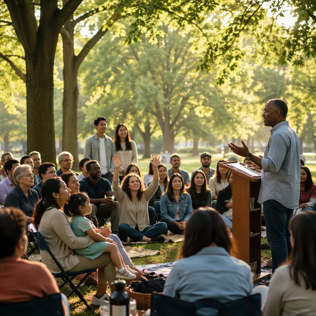 Outdoor Worship Gathering in Leafy Park