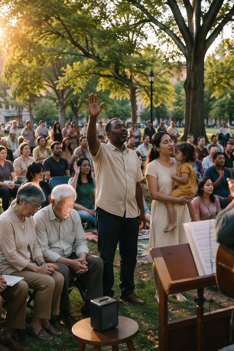 Outdoor Worship Gathering in Leafy Park