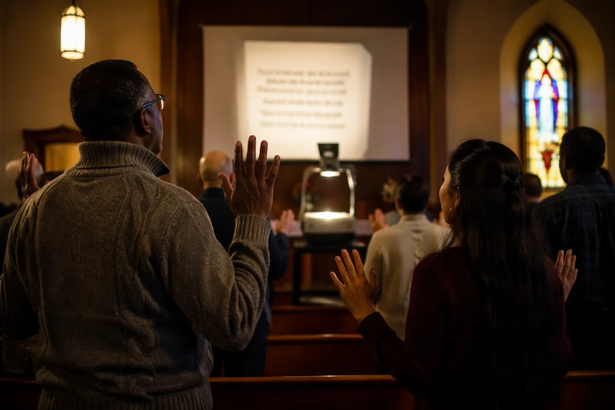 Evening Church Interior with Overhead Projector