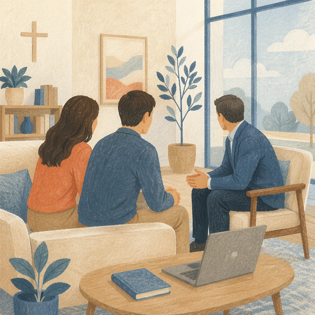 Pastor Counseling Couple in Church Office