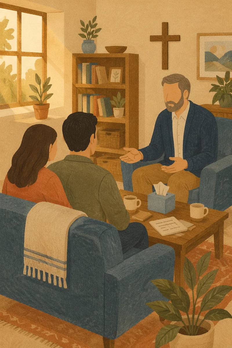 Pastor Counseling Couple in Church Office