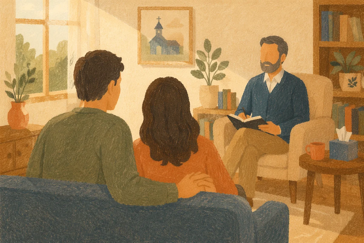 Pastor Counseling Couple in Church Office