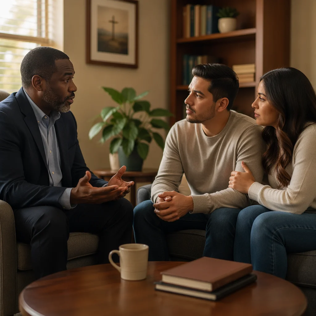 Pastor Counseling Young Couple in Church Office