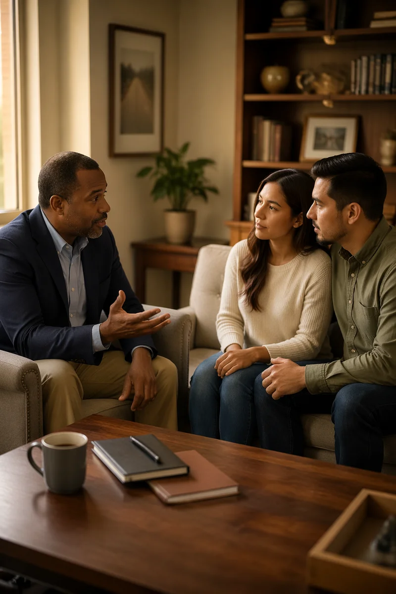 Pastor Counseling Young Couple in Office