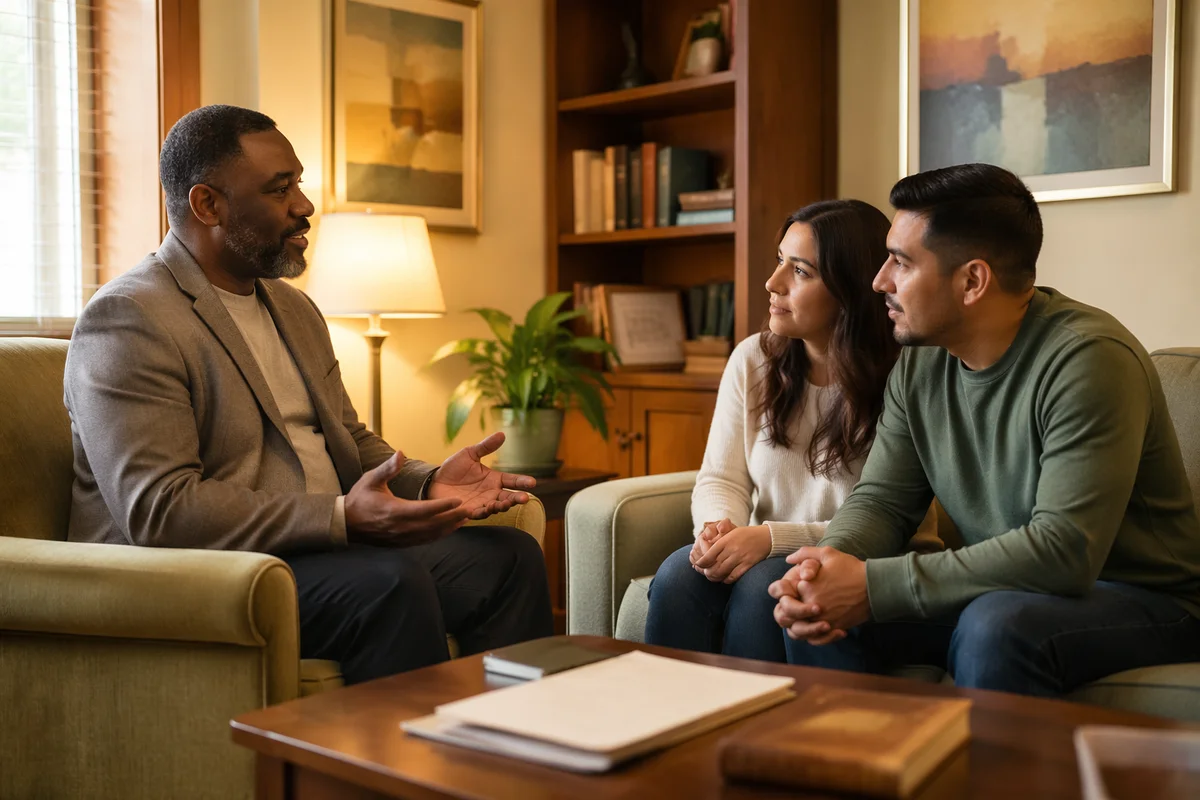 Pastor Counseling Young Couple in Office