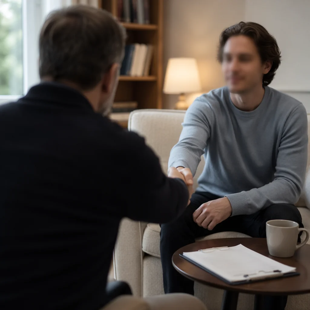 Pastoral Counseling Handshake in Quiet Office