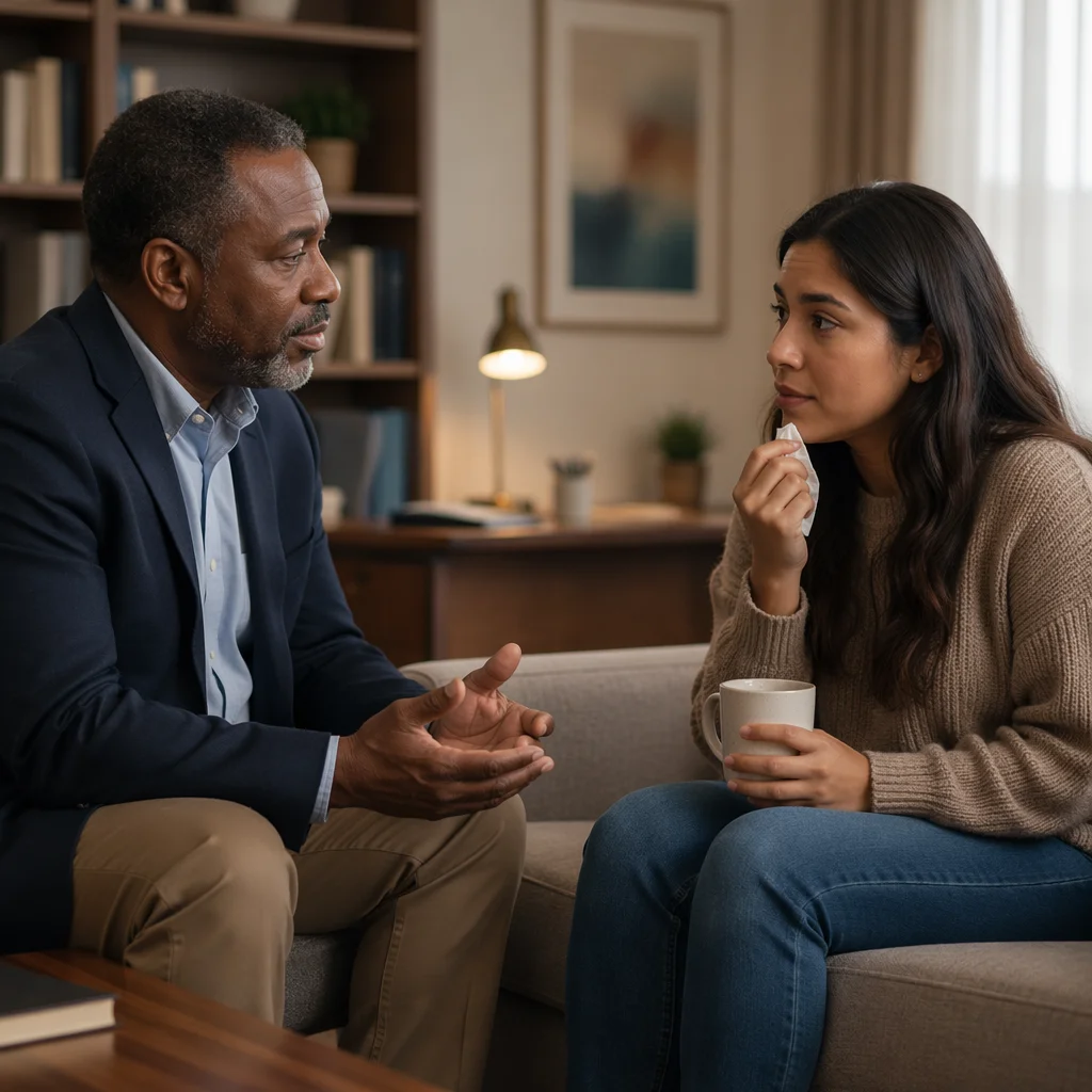 Pastor Counseling Woman in Modern Office