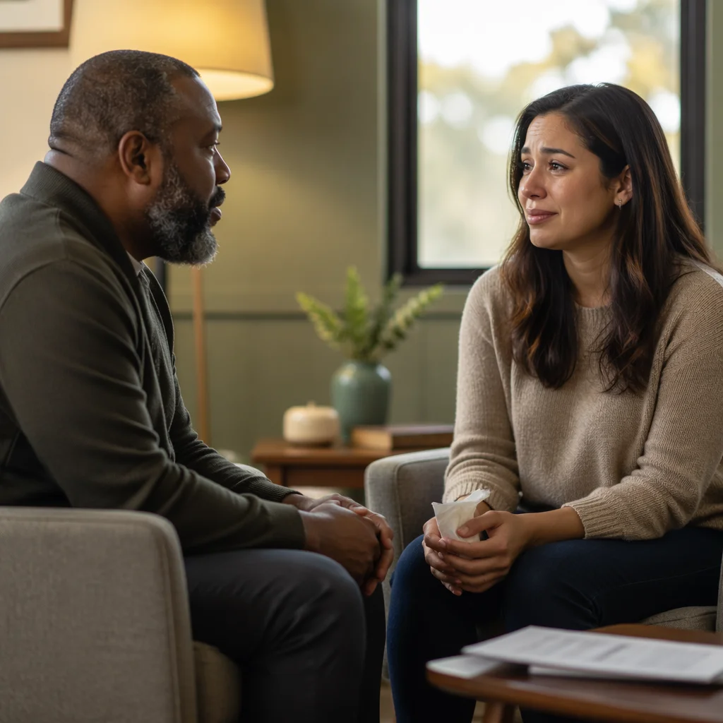 Pastor Counseling Woman in Modern Office