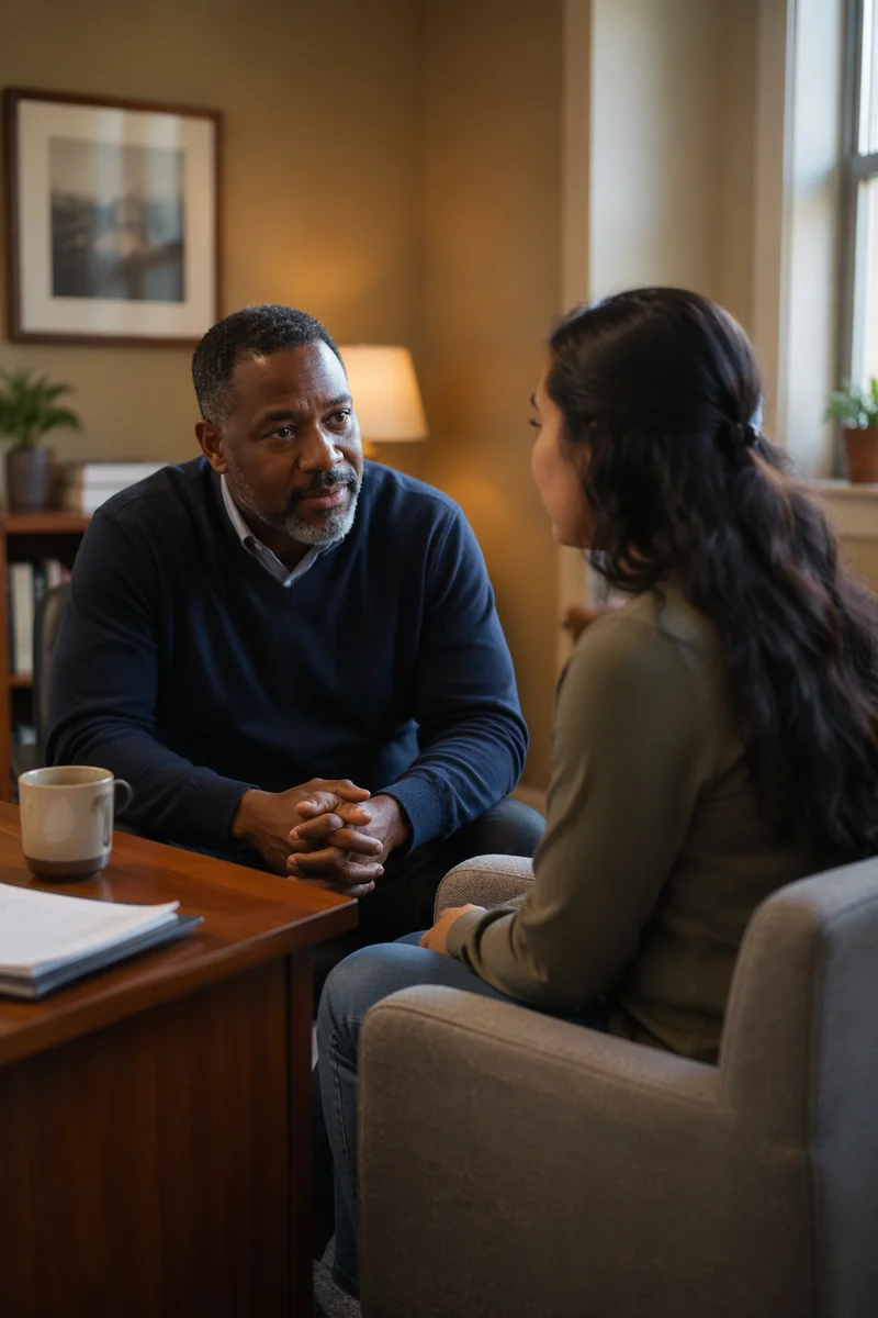 Pastor Counseling Young Woman in Office