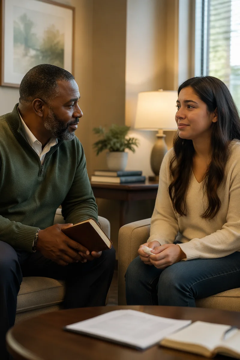 Pastor Counseling Woman in Modern Office
