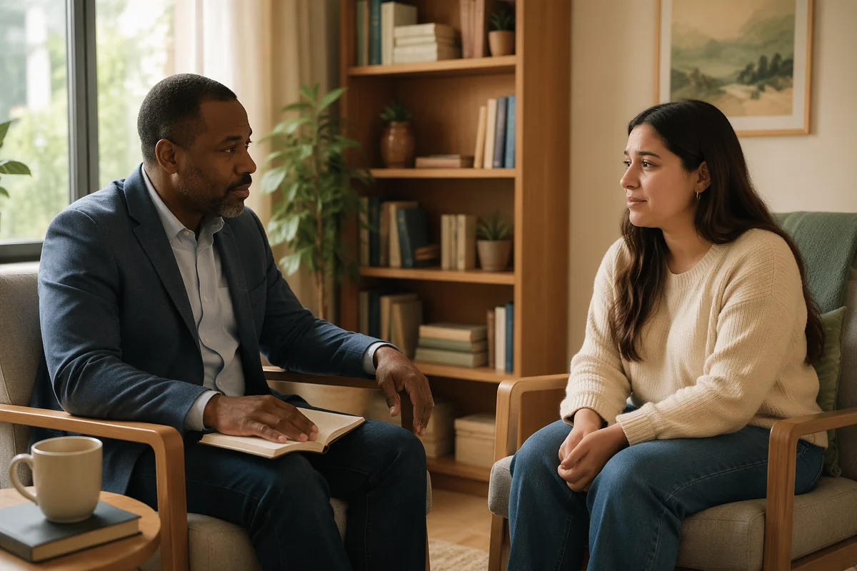 Pastoral Counseling Conversation in Sunlit Office