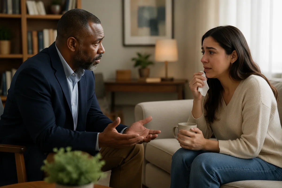 Pastor Counseling Young Woman in Office