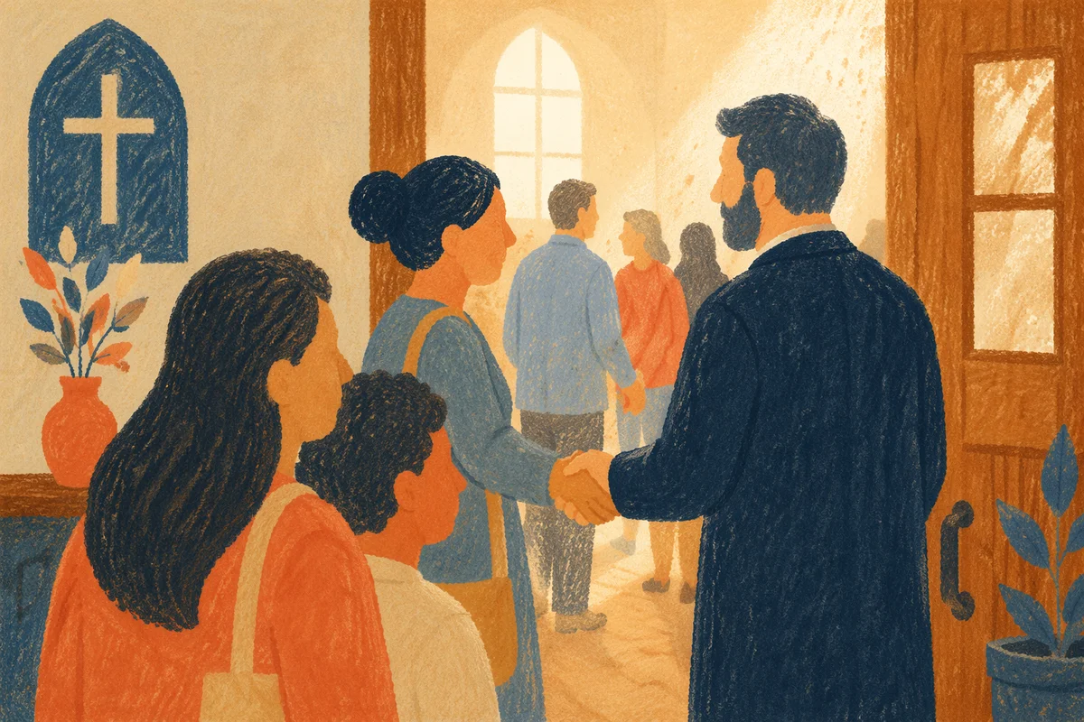 Pastor Welcoming Congregation at Church Door