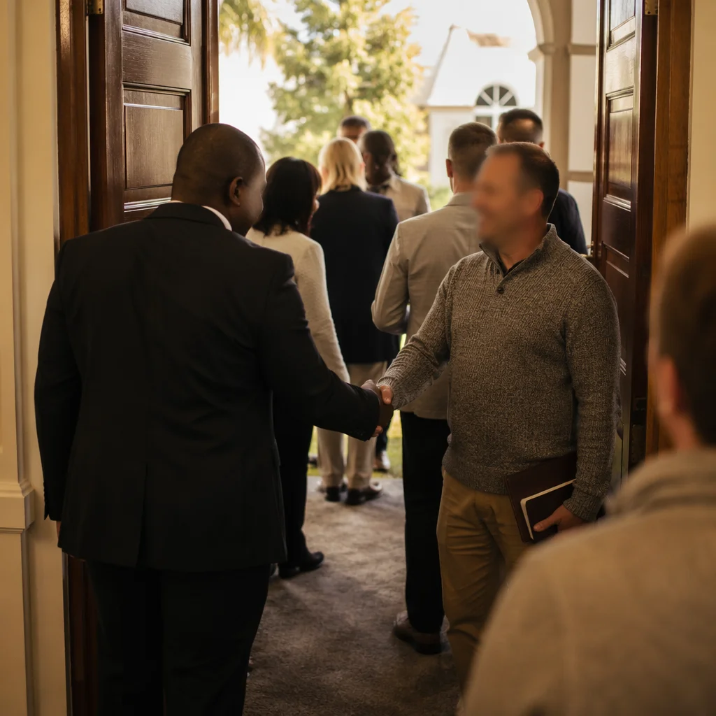 Pastor Greeting Congregation at Church Door