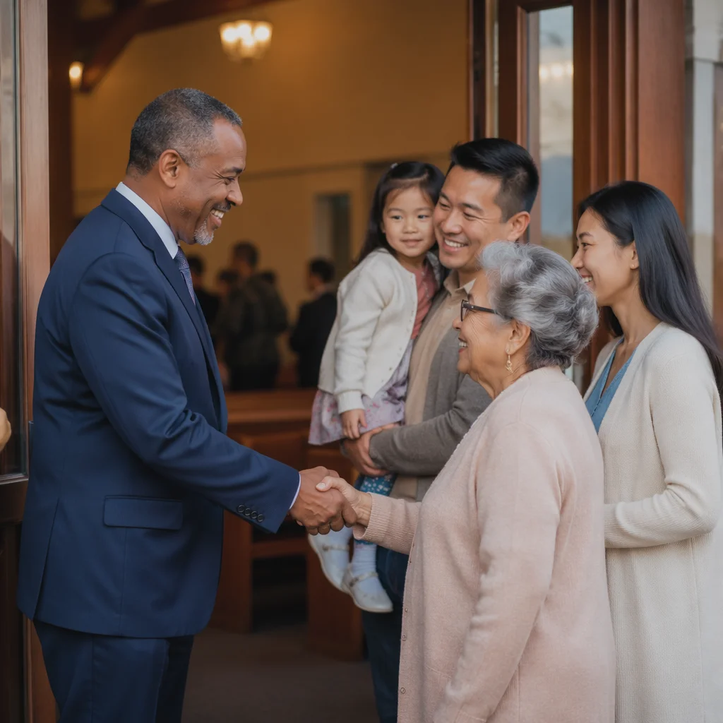 Pastor Greeting Congregation at Church Door