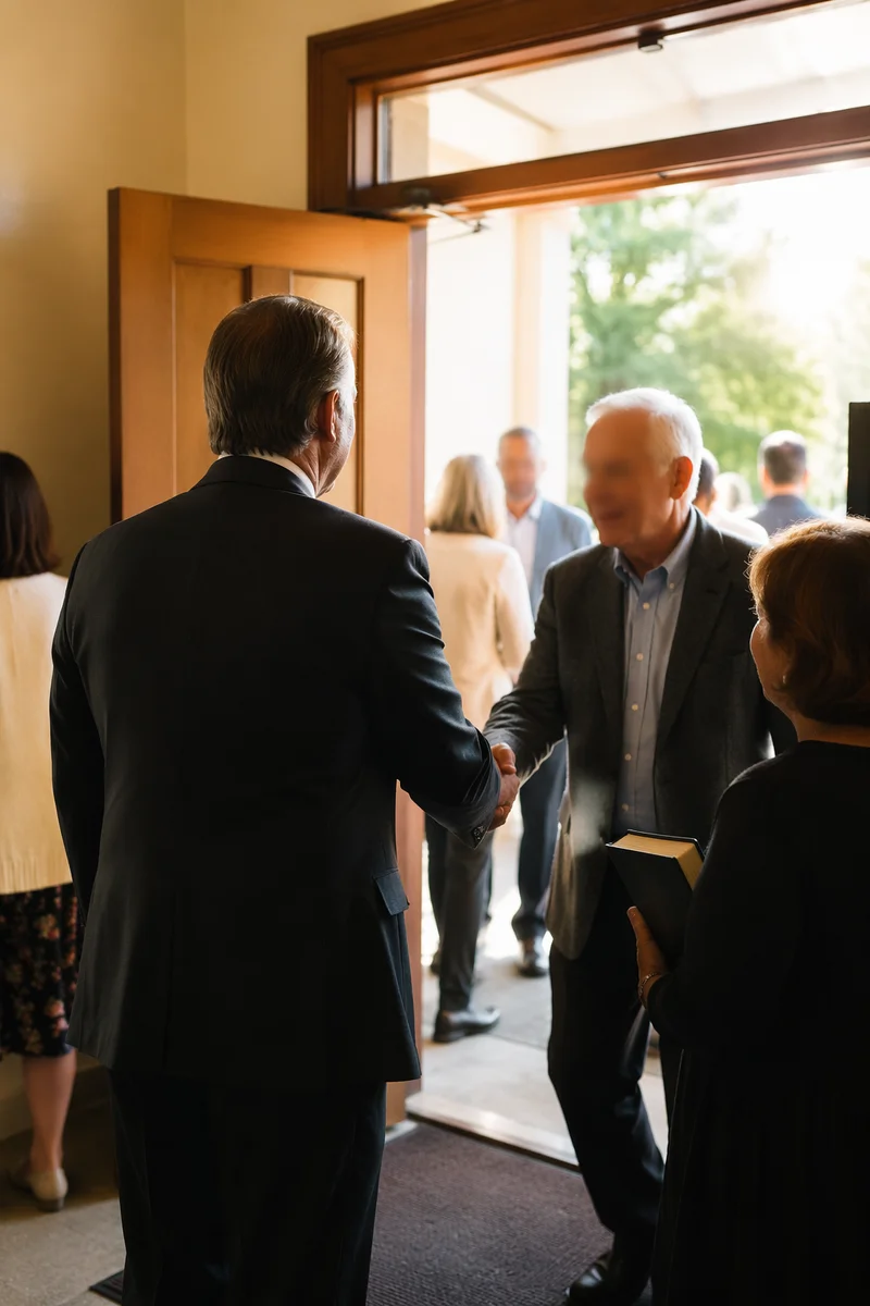 Pastor Greeting Congregation at Church Door