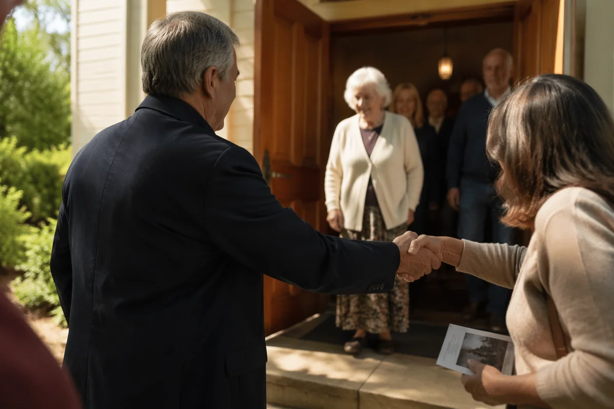 Pastor Greeting Congregation at Church Door