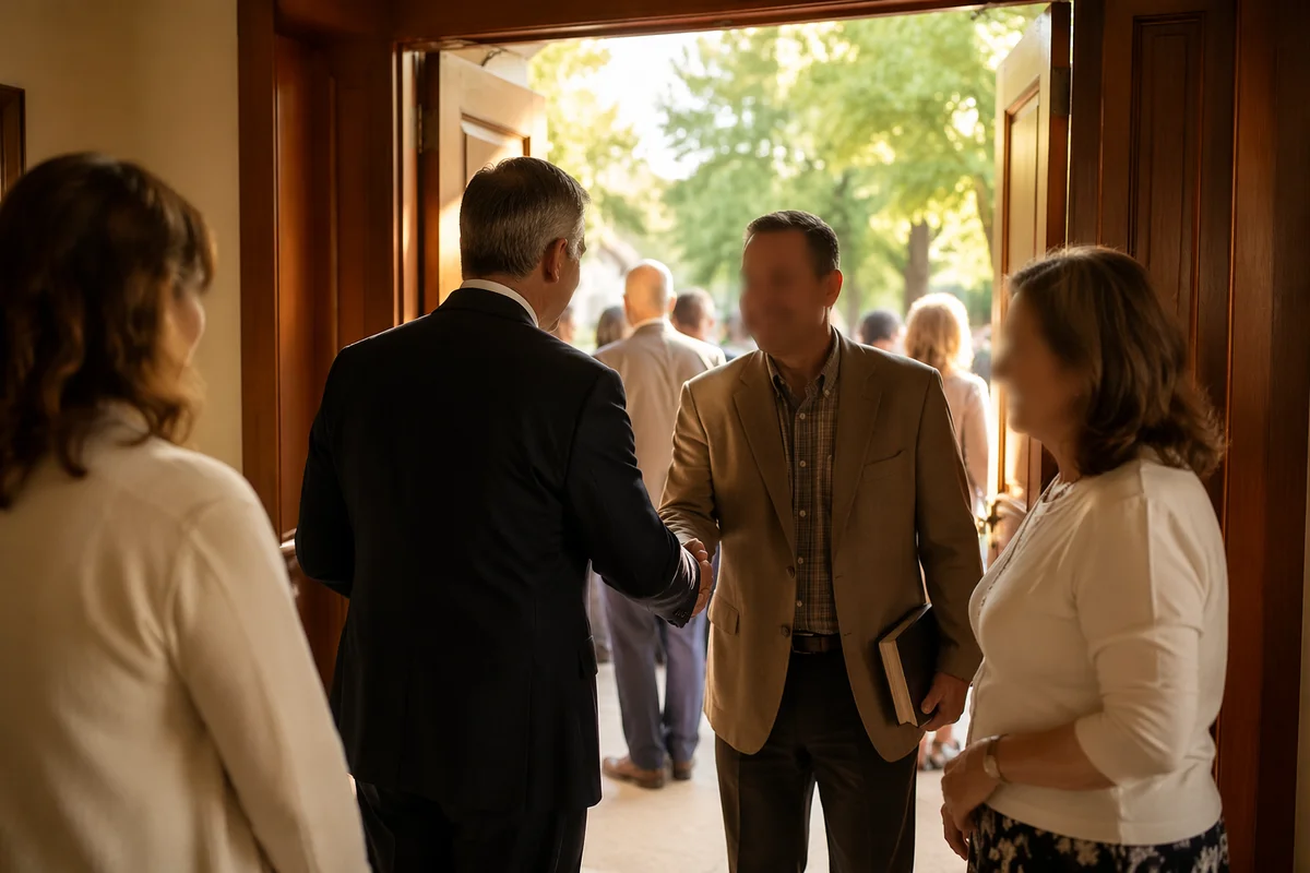 Pastor Welcoming Congregation at Church Entrance