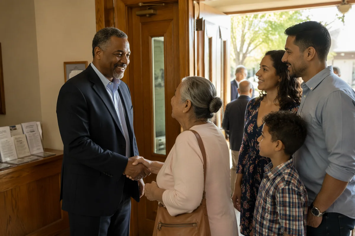 Pastor Greeting Congregants at Church Door