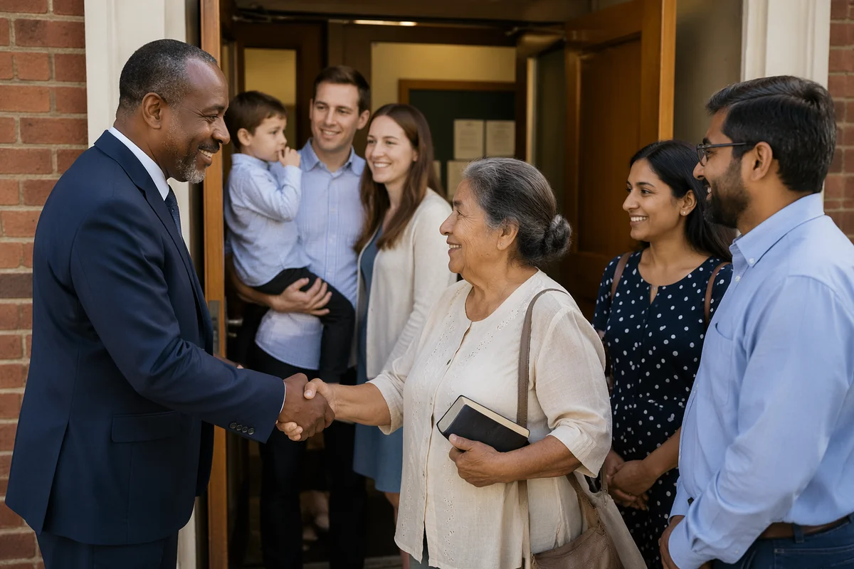 Pastor Greeting Congregants at Church Door