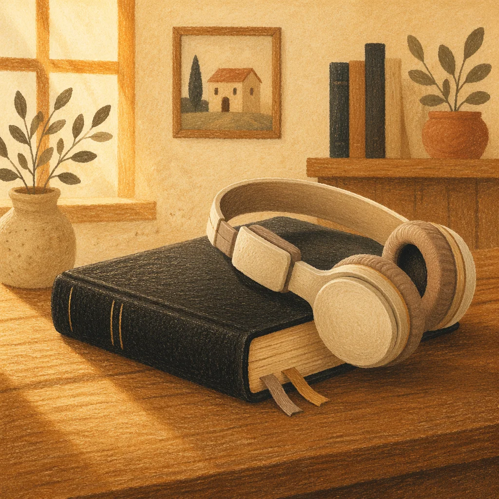 Bible and Headphones on Wooden Table