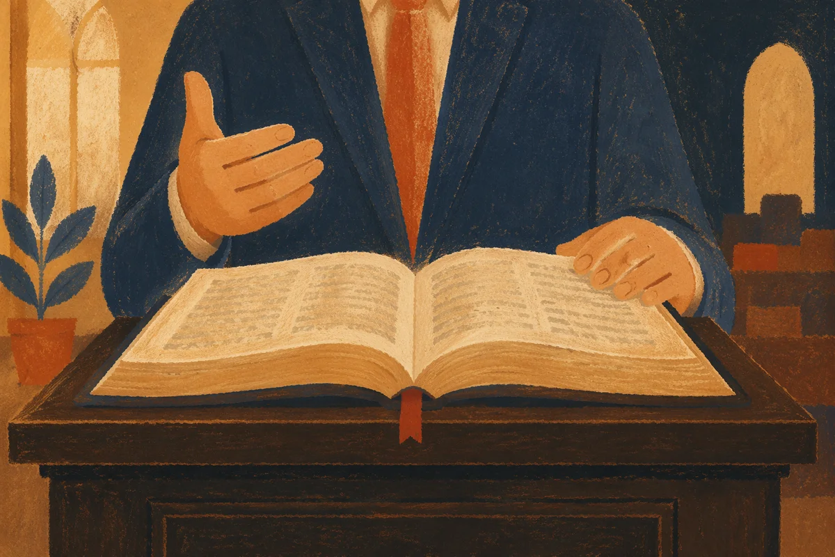 Pastor Gesturing Above Open Bible Sermon