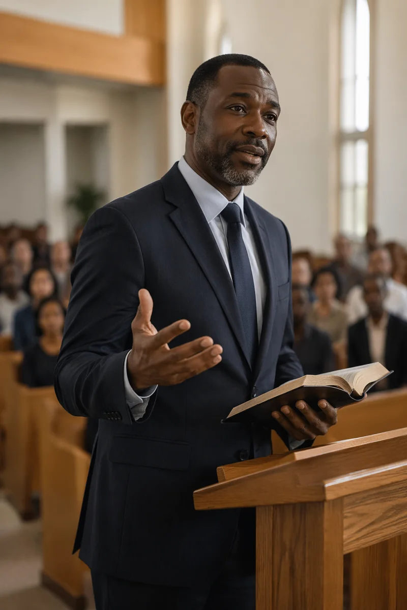Pastor Holding Open Bible at Lectern