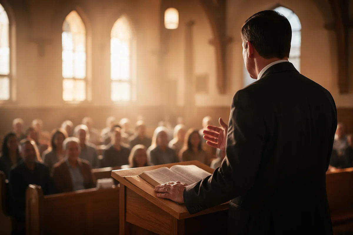 Pastor Gesturing Beside Open Bible Sermon