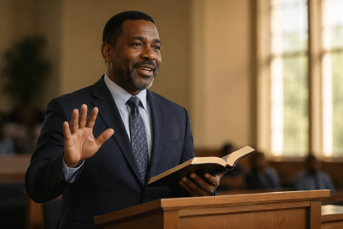 Pastor Gesturing with Open Bible at Pulpit