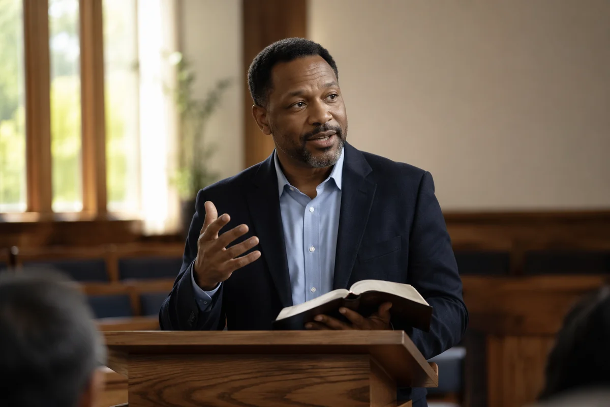 Pastor Preaching with Open Bible Indoors